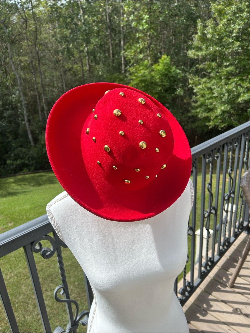 Vintage Betmar New York Red Wool Hat W/Gold Studs